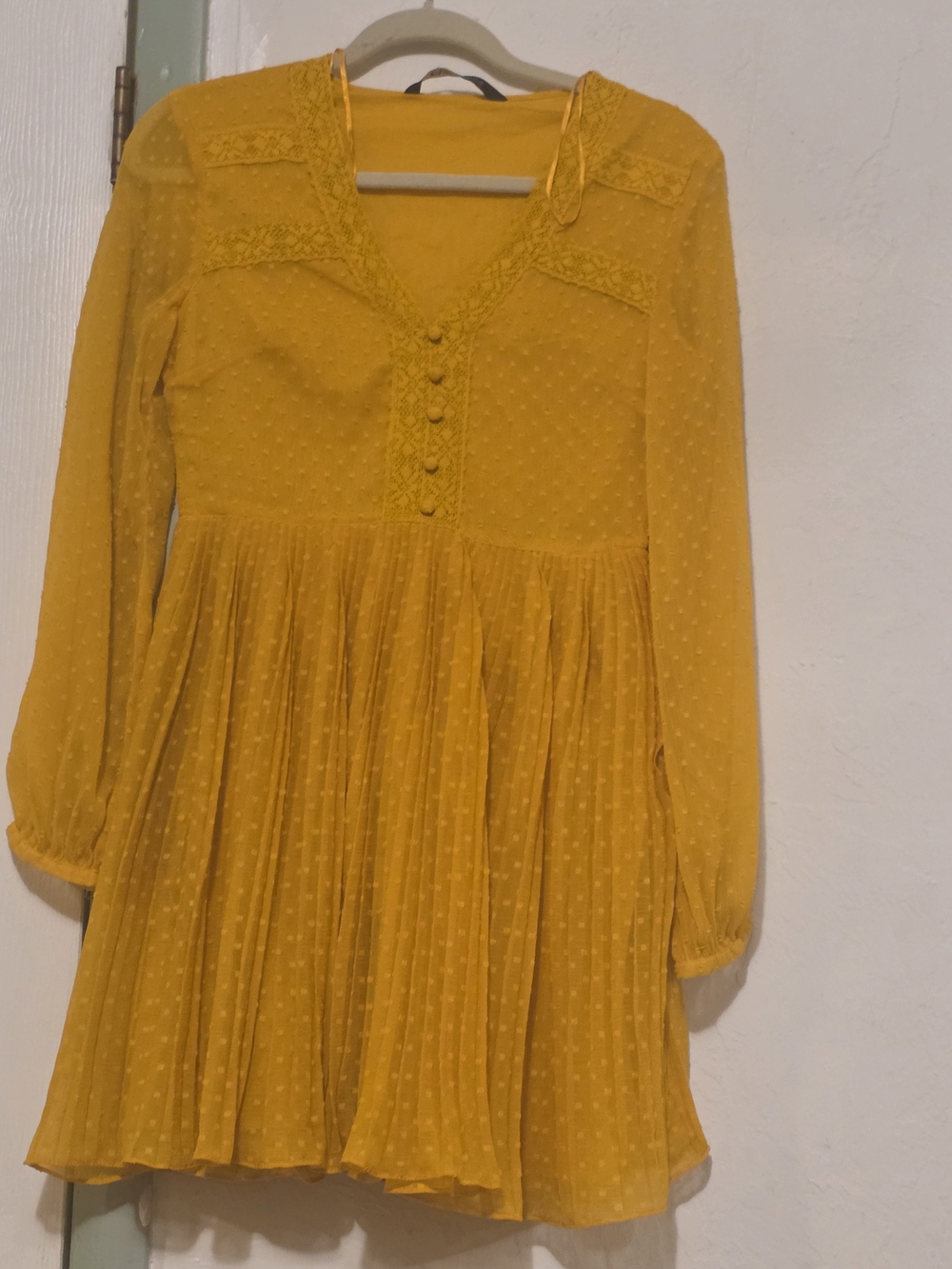 Zara Mustard Yellow Long Sleeve Pleated Mini Dress - Picture 3 of 4